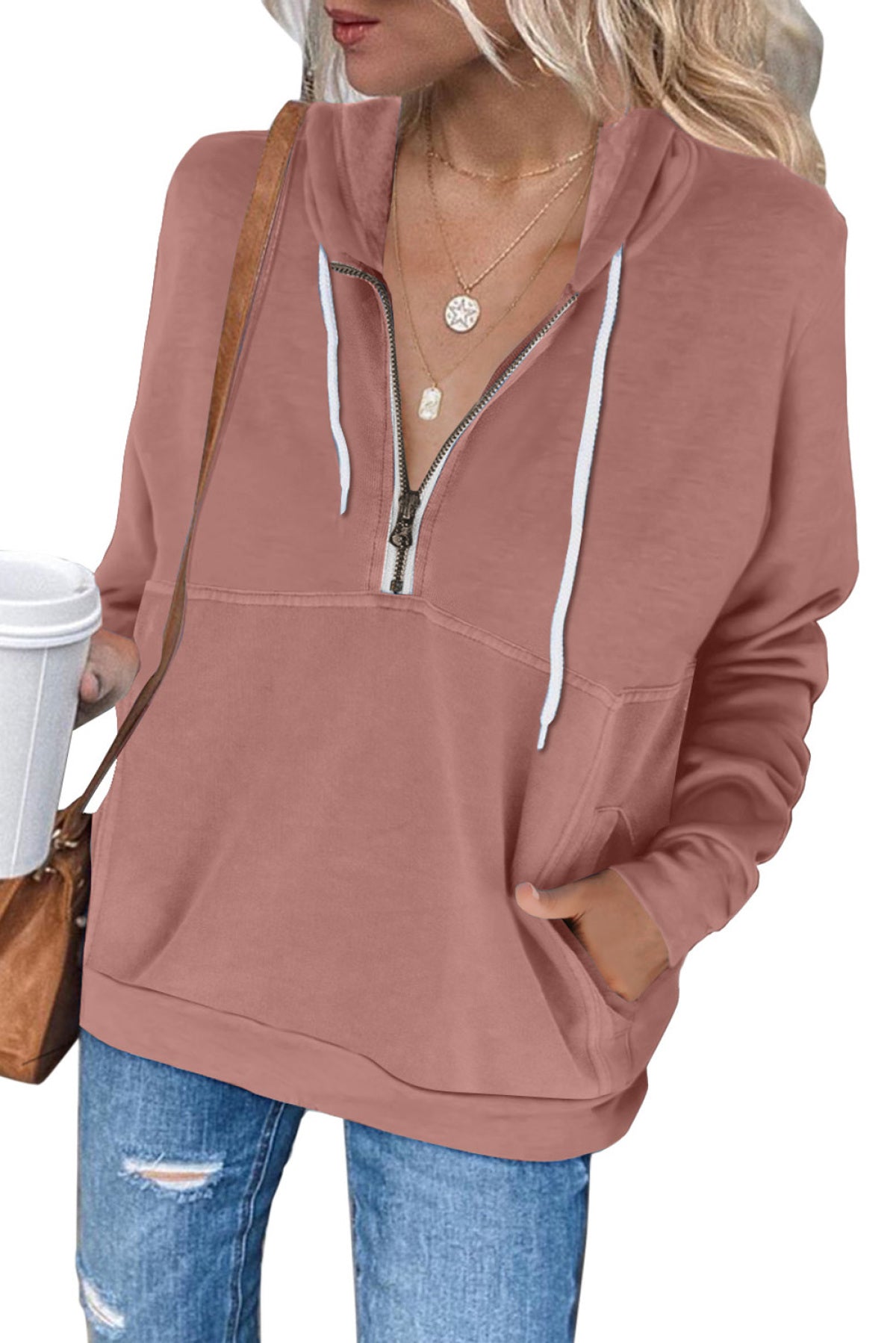 Half Zip Long Sleeve Hoodie With Pocket
