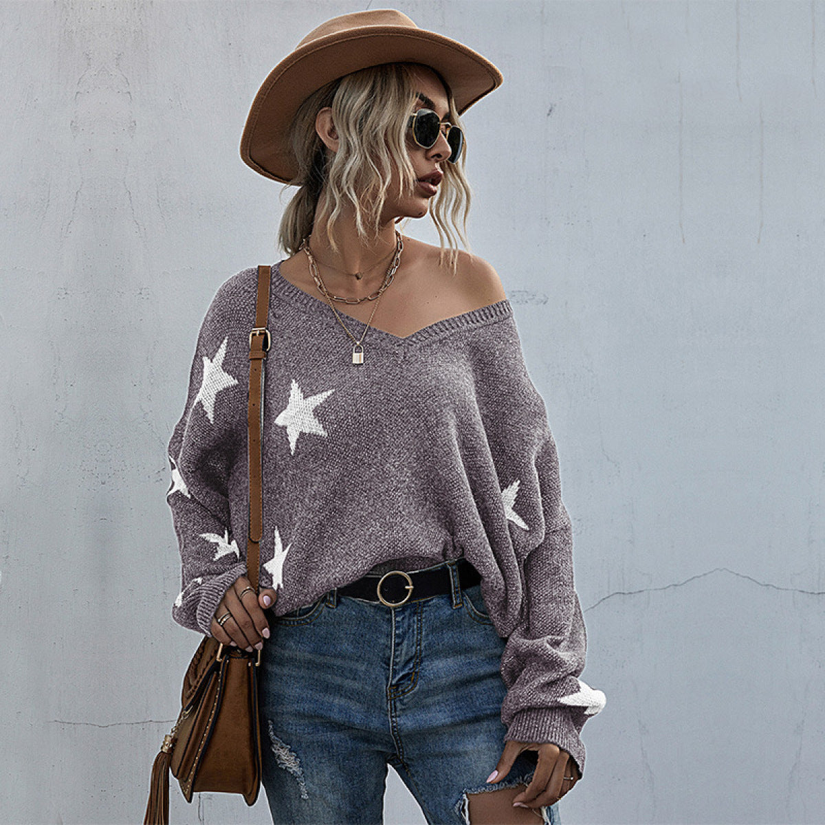 V-Neck Lantern Sleeve Star Fringe Hem Sweater