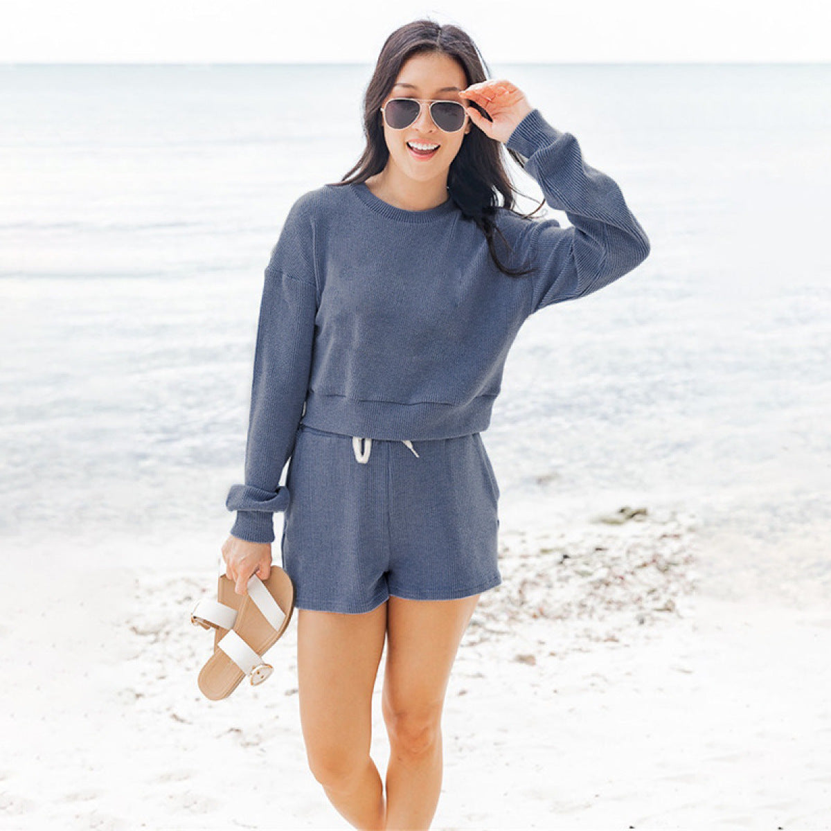 Crew Neck Pullover Long-Sleeved Sweatshirts & Tie Shorts Lounge Sets