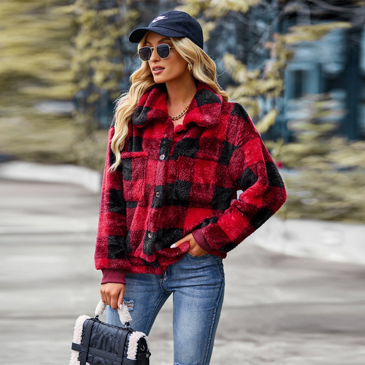 Plaid Lapel Single-Breasted Fleece Short Coat