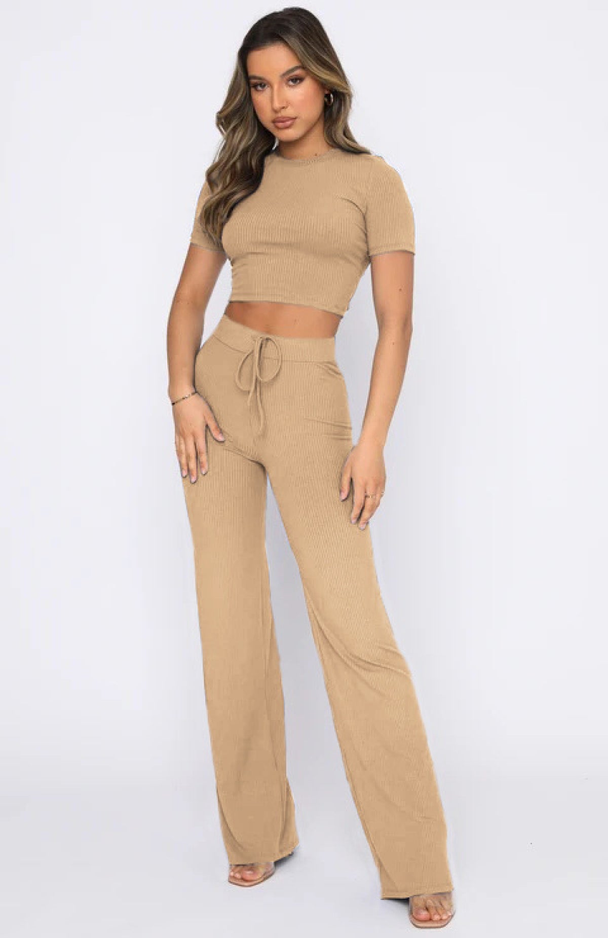 Casual High Elastic Short-Sleeved Top & Wide-Leg Pants Two-Piece Set