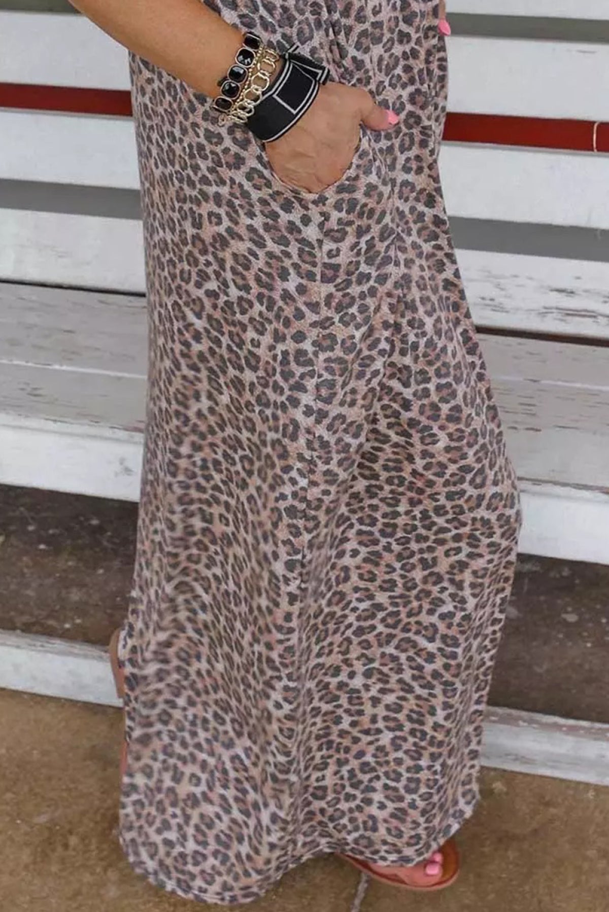 Black Leopard Patchwork Ribbed Maxi Dress With Pockets