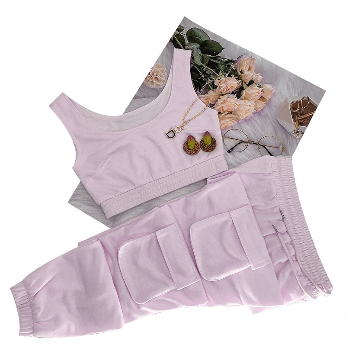 U-neck Bra & Drawstring Sweatpants Two-Piece Active Sets With Pocket