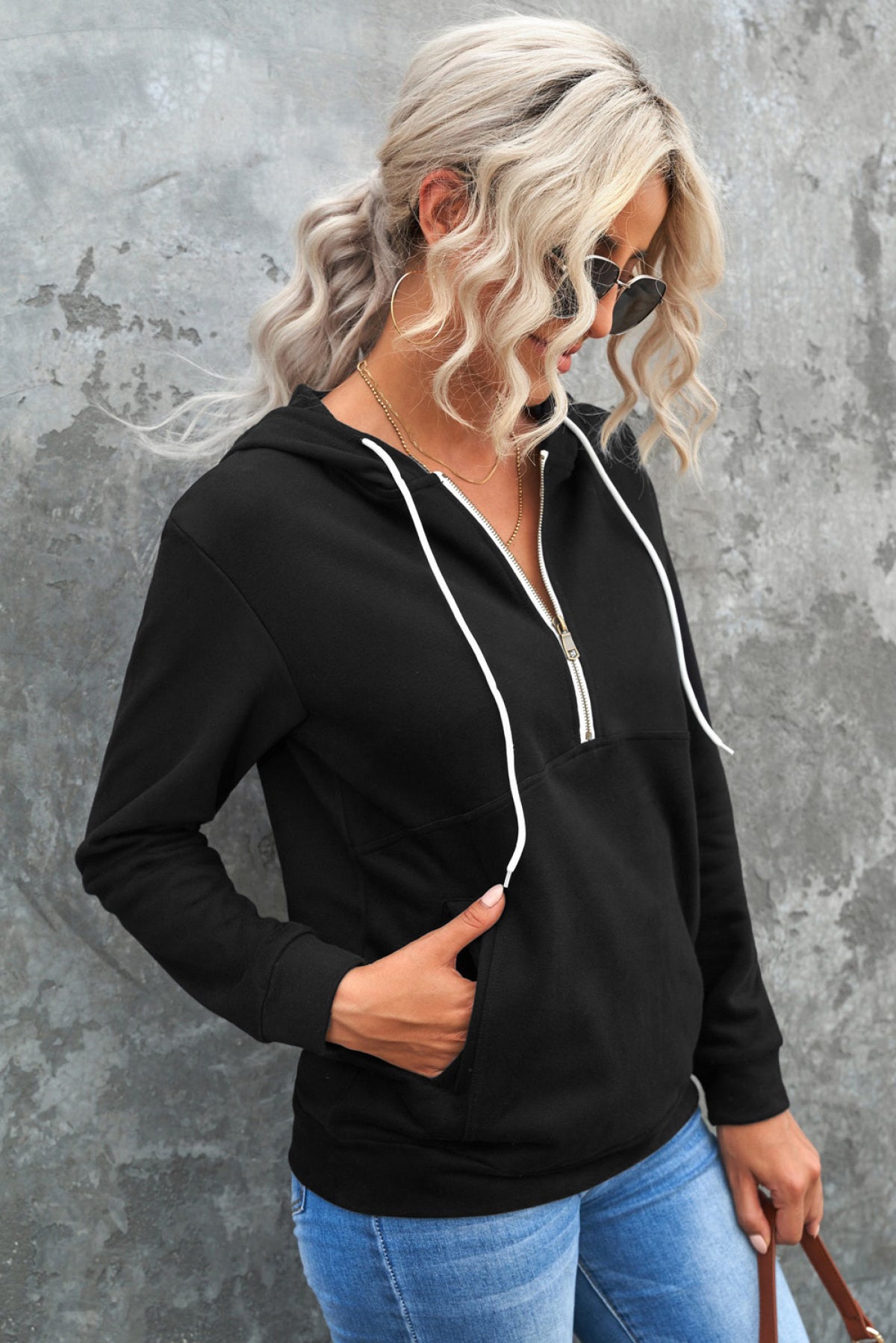 Half Zip Long Sleeve Hoodie With Pocket