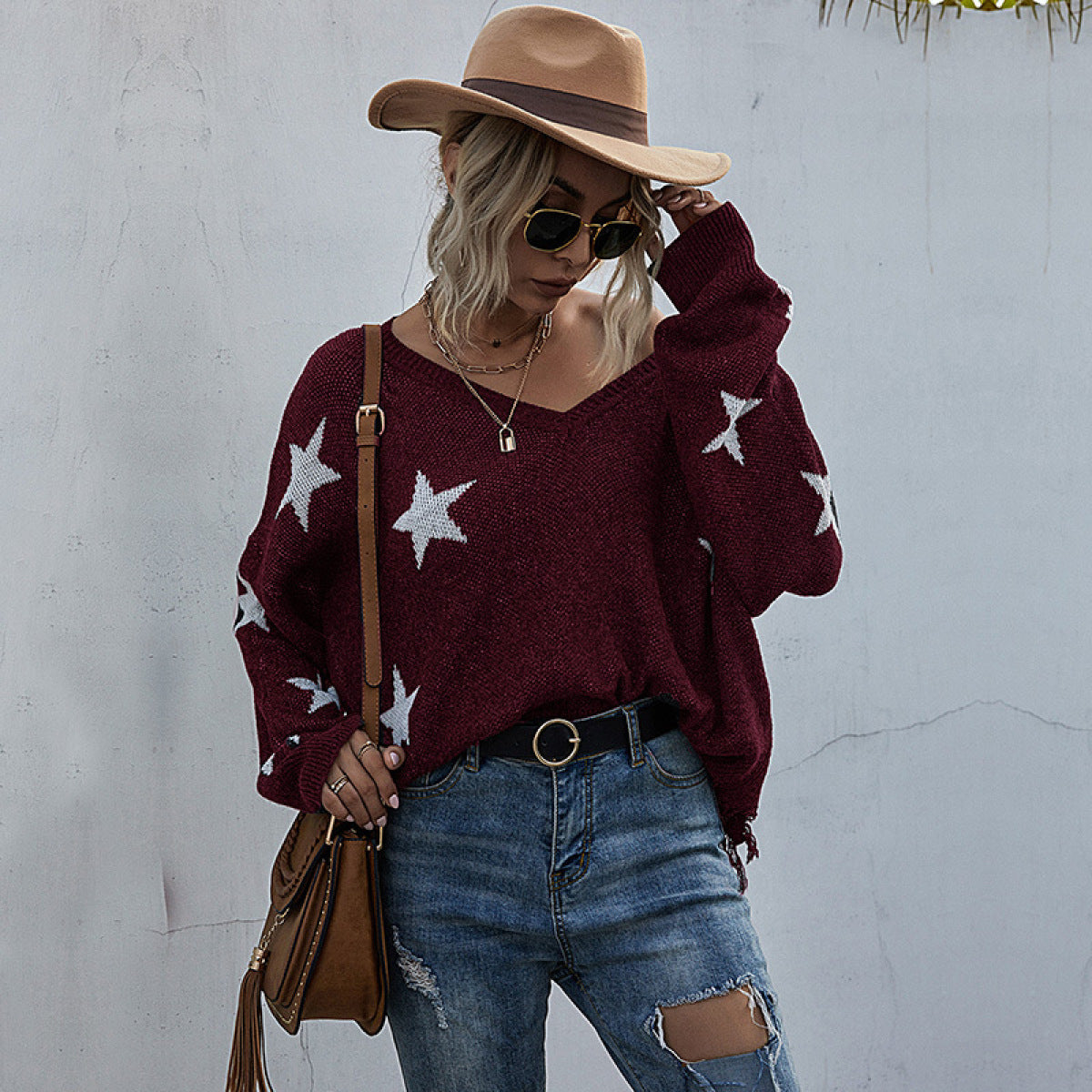 V-Neck Lantern Sleeve Star Fringe Hem Sweater