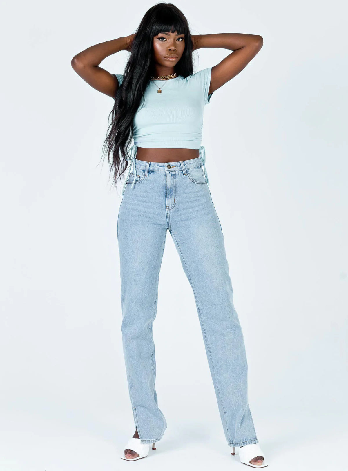Round Neck Drawstring Rouching Solid Color Crop T-shirt