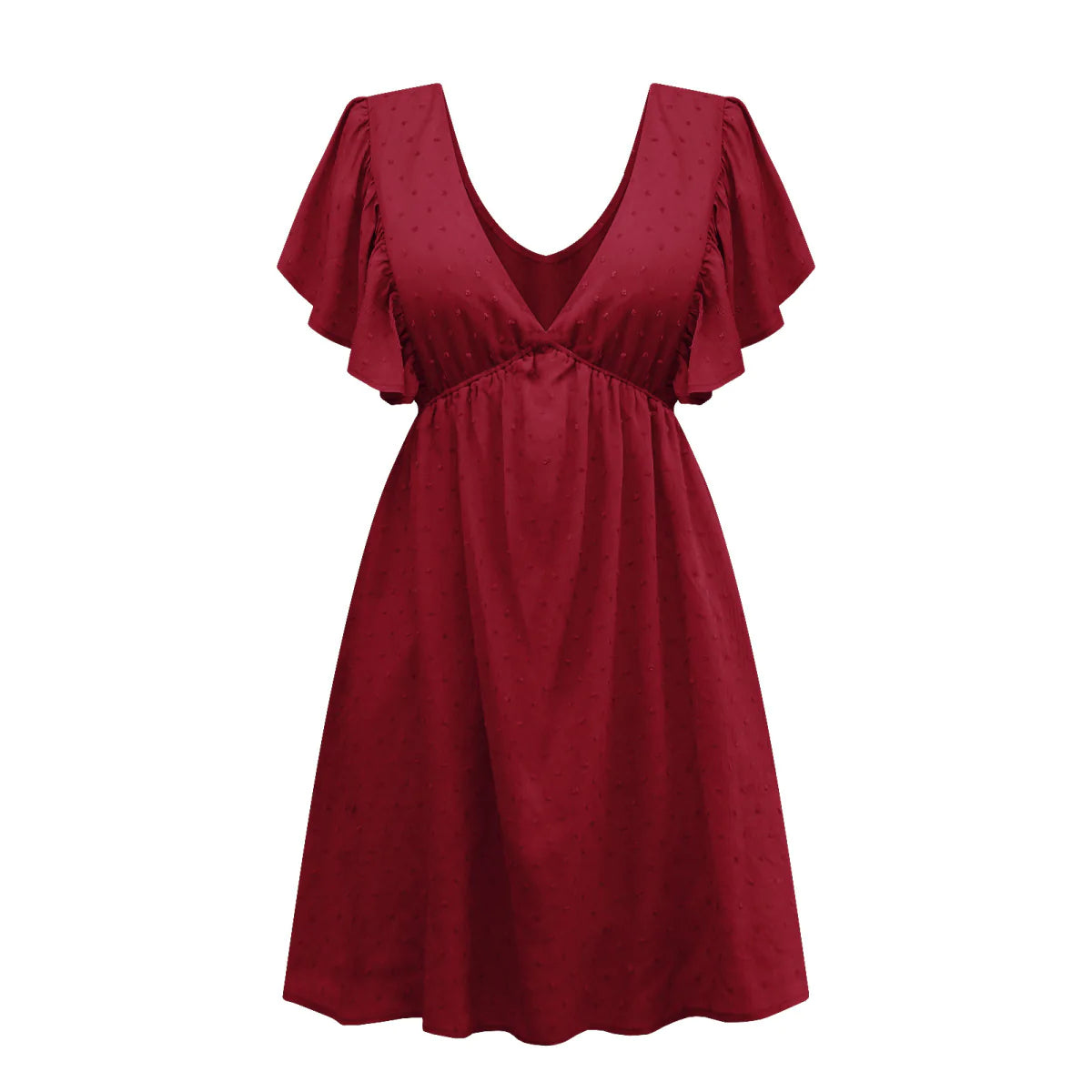 Deep V Ruffle Sleeve Solid Color A-line Mini Dress