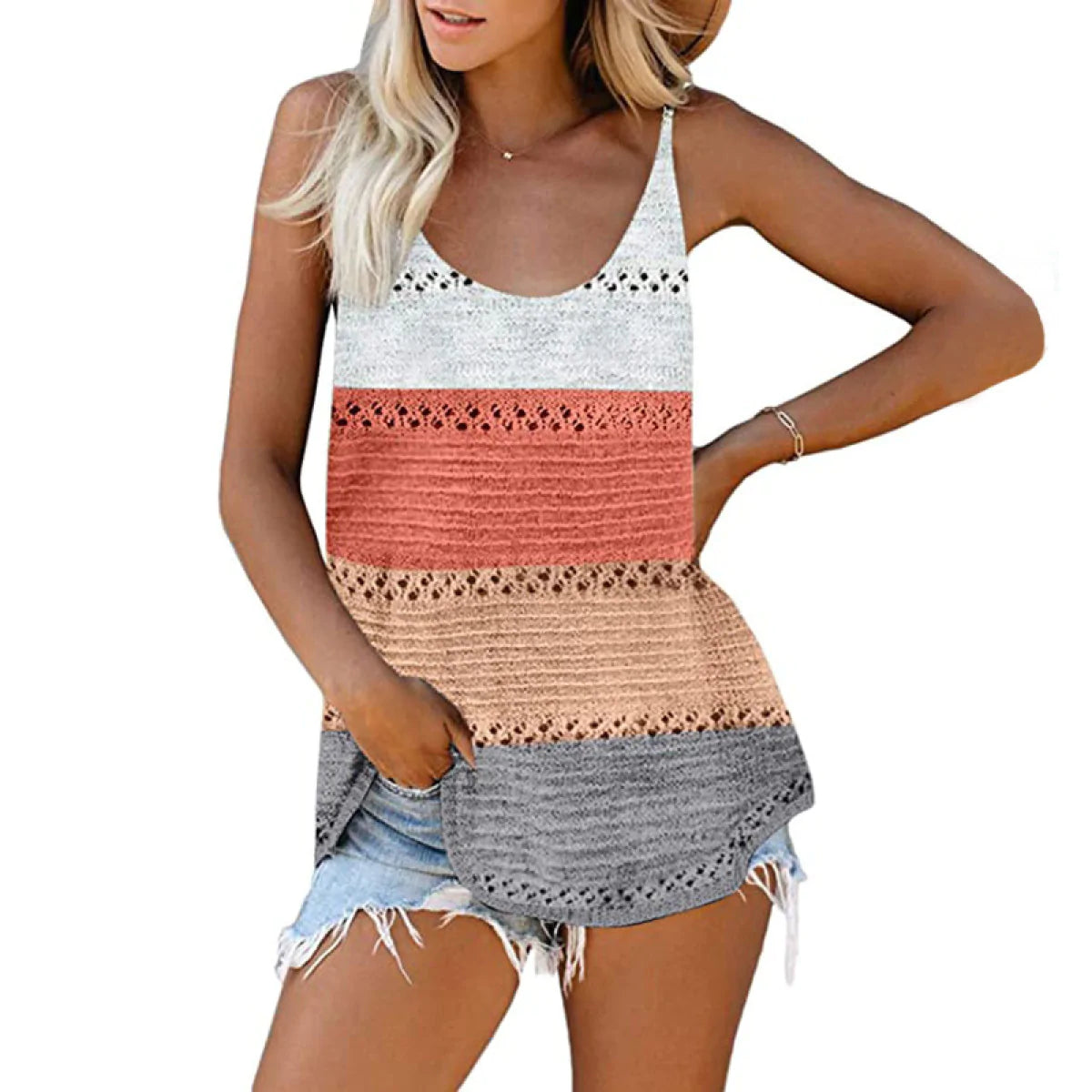Casual Striped Colorblock Knitted Round Neck Vest