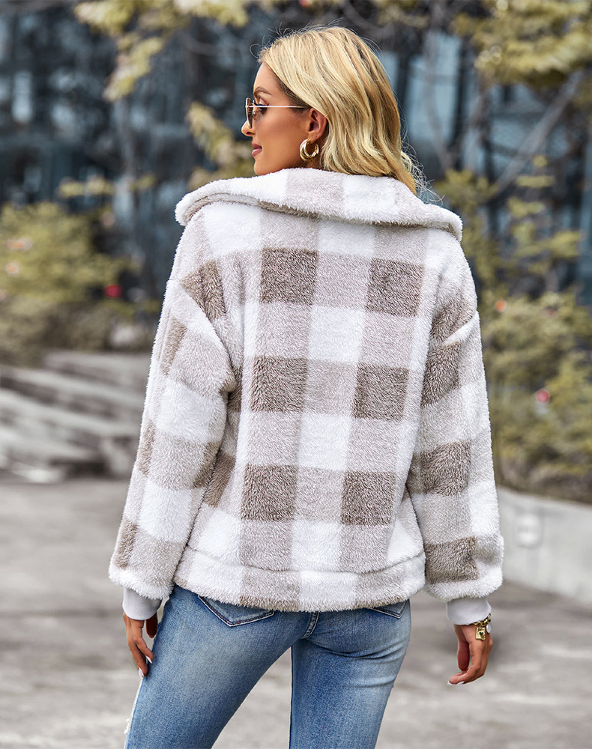 Plaid Lapel Single-Breasted Fleece Short Coat
