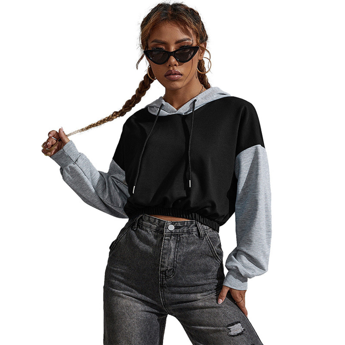 Two-Tone Colorblock Drawstring Elastic Hem Cropped Hoodie