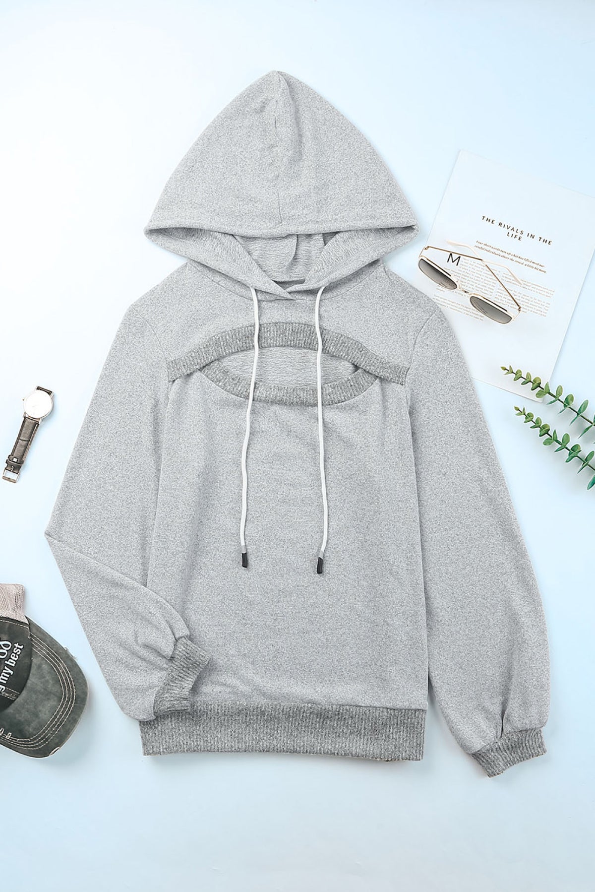 Gray Ribbed Trim Cut-Out Bust Drawstring Hoodie