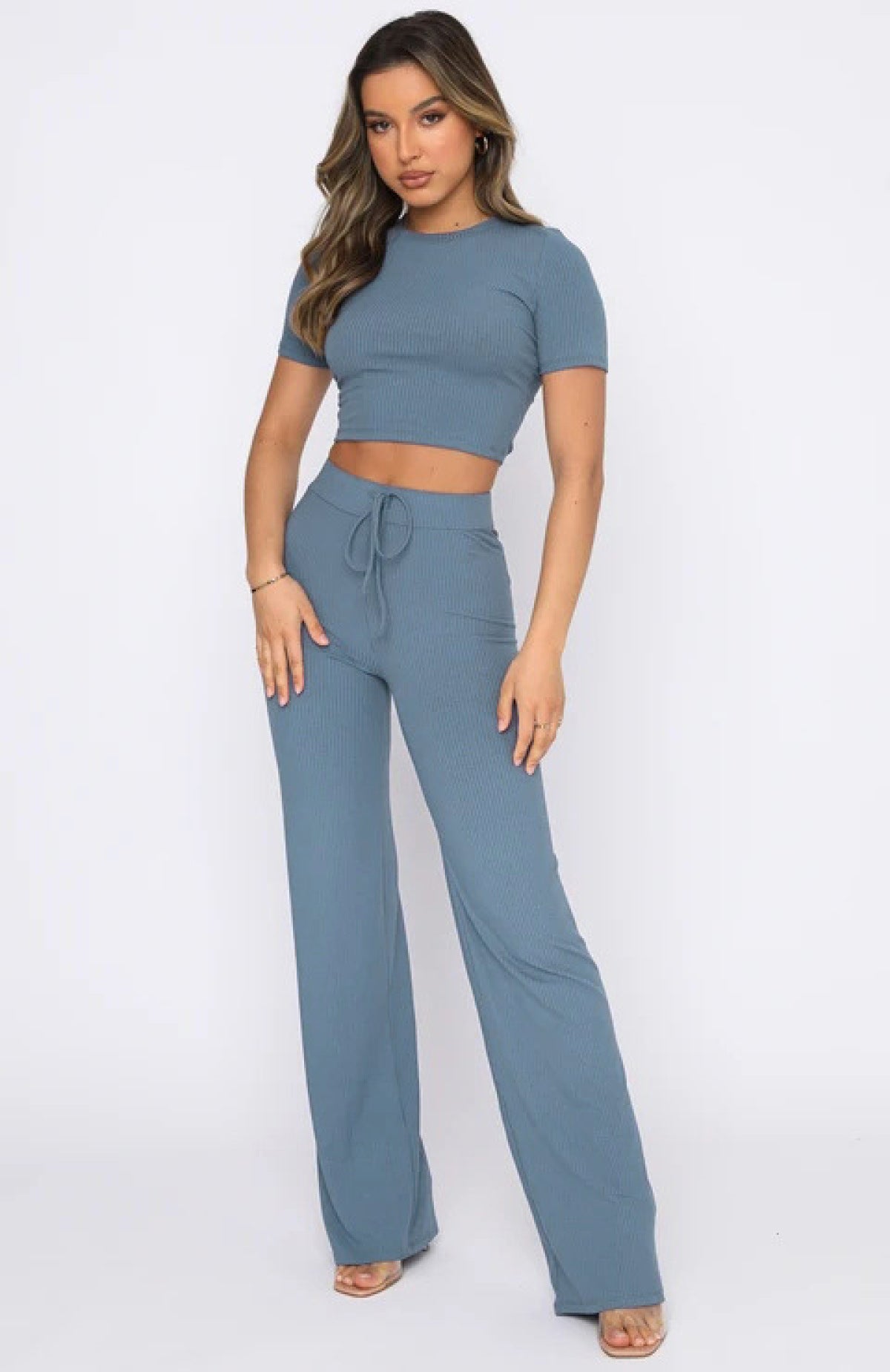Casual High Elastic Short-Sleeved Top & Wide-Leg Pants Two-Piece Set