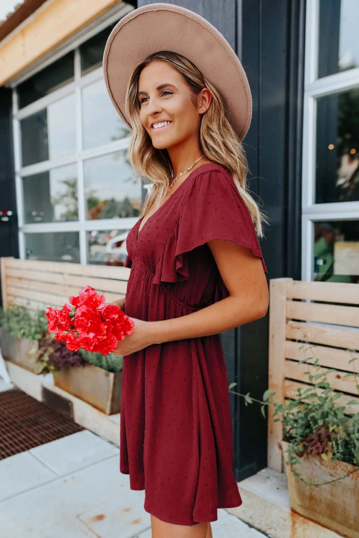 Deep V Ruffle Sleeve Solid Color A-line Mini Dress