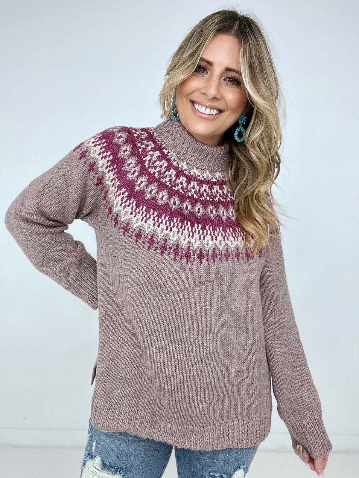 Easel "Nordic Mauve Mock Neck" Mock Neck Knit Side Slit Sweater