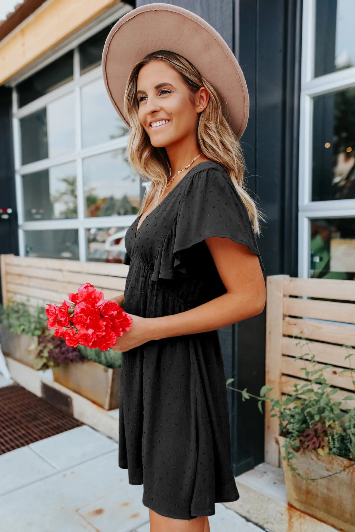 Deep V Ruffle Sleeve Solid Color A-line Mini Dress