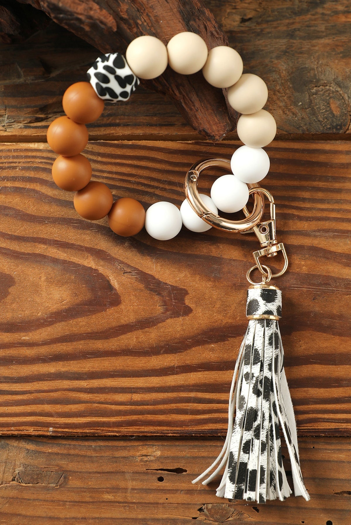 Multicolor Silicone Beads Bracelet Leopard Tassel Keyring