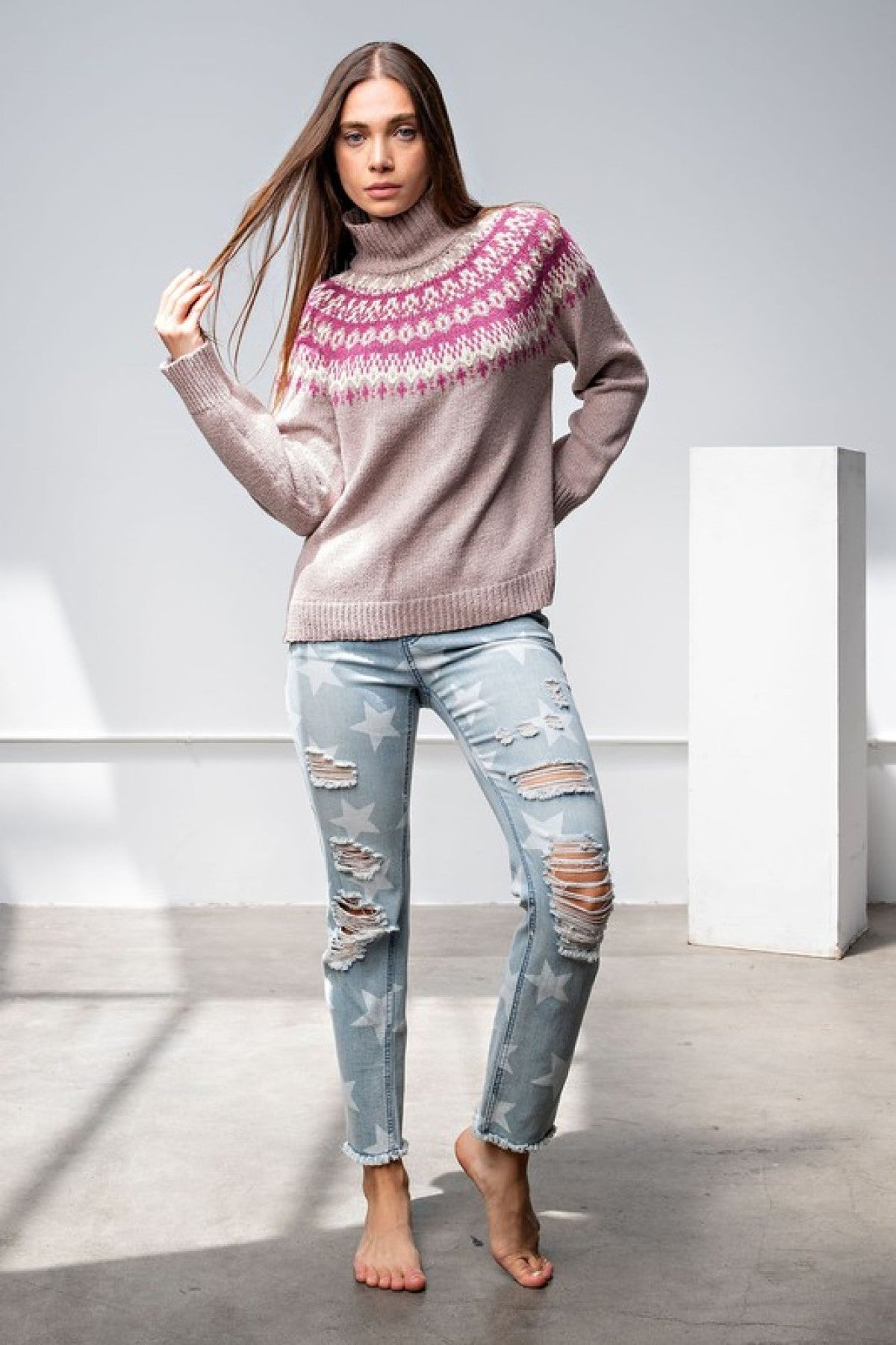 Easel "Nordic Mauve Mock Neck" Mock Neck Knit Side Slit Sweater