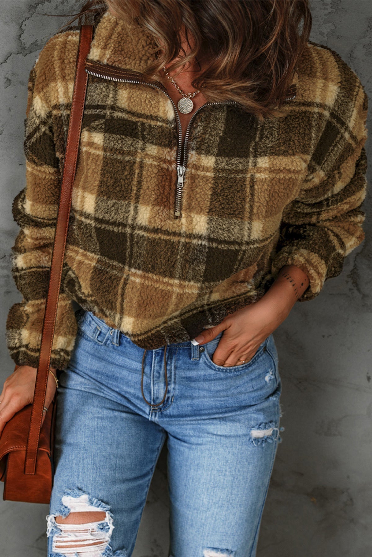 Brown Zip Collar Plaid Pattern Fleece Sweatshirt