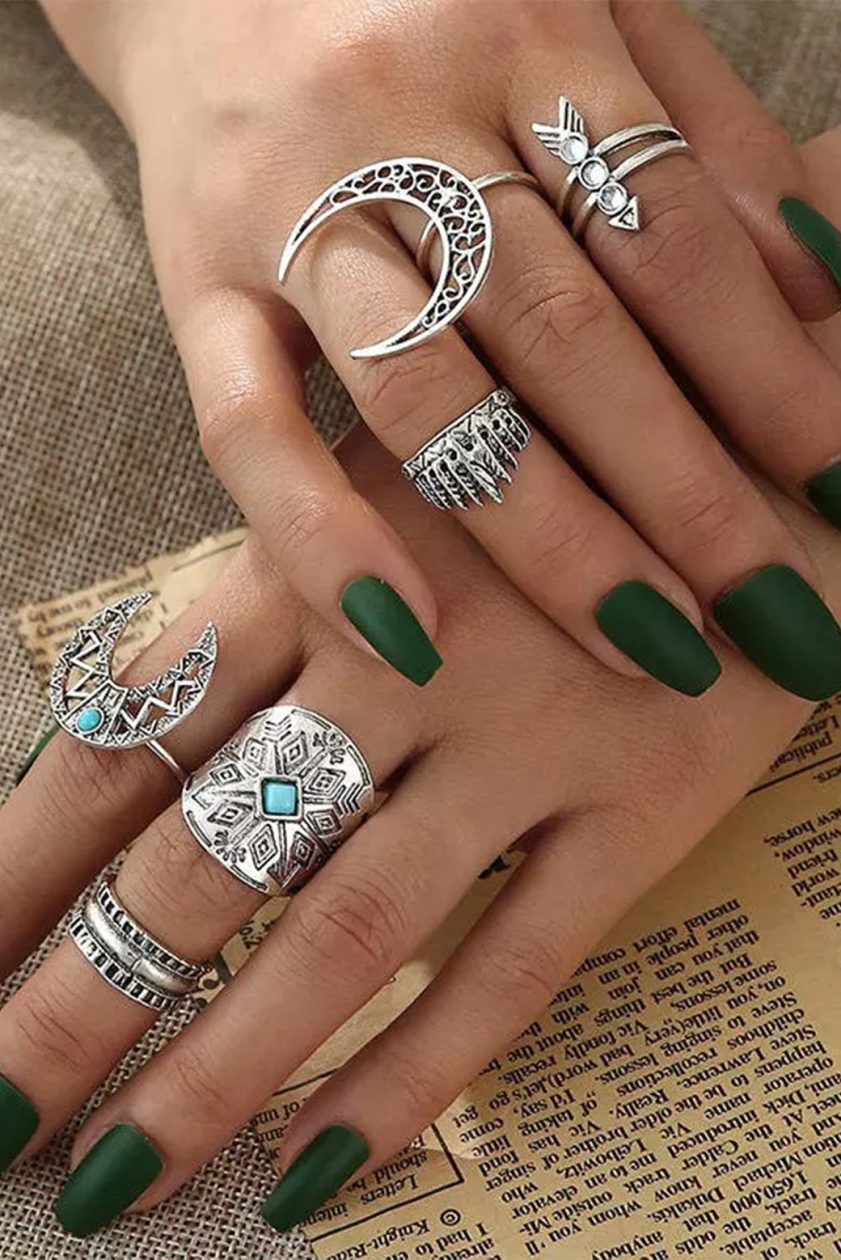Silver Bohemian Natural Stone Rings Set