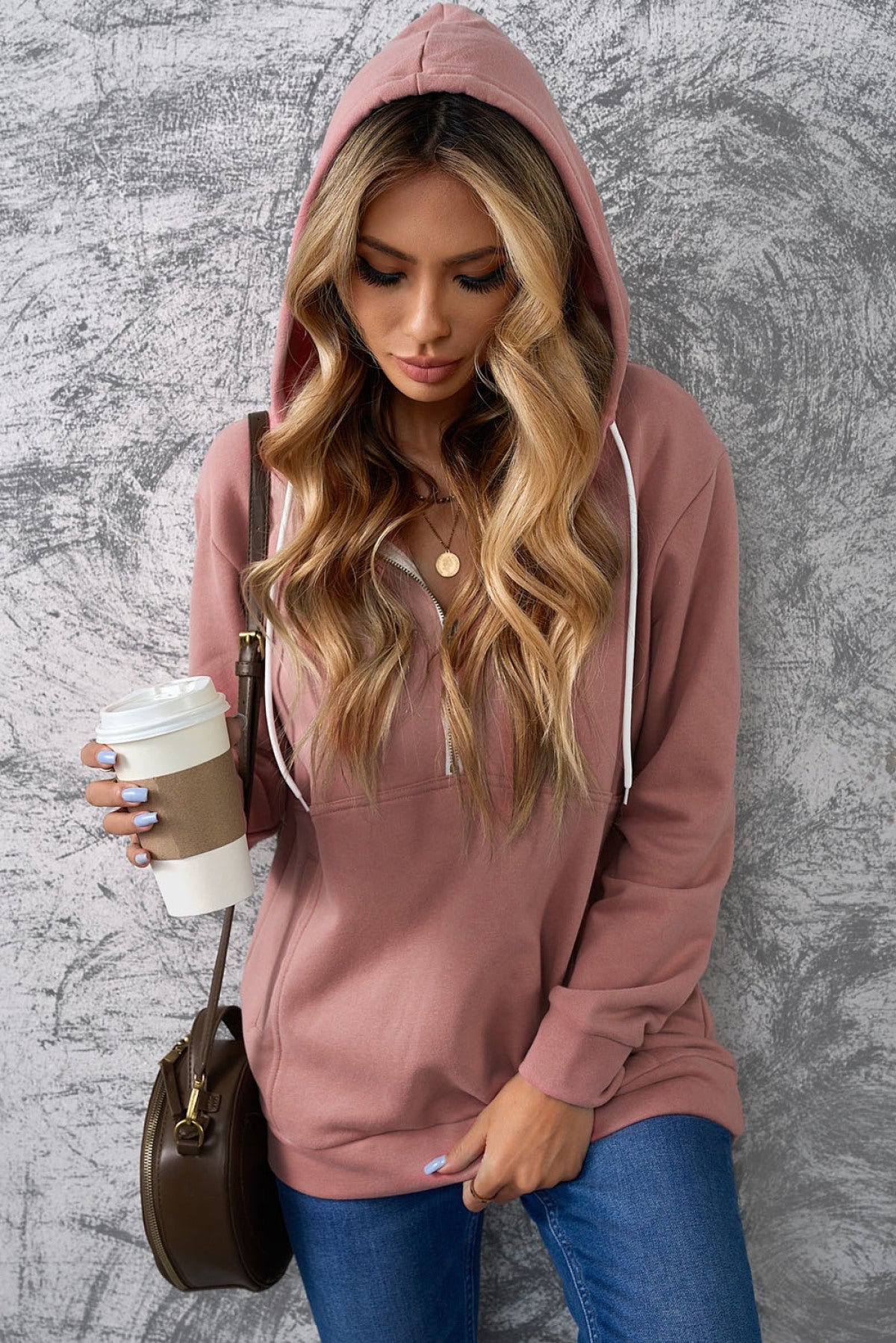 Half Zip Long Sleeve Hoodie With Pocket