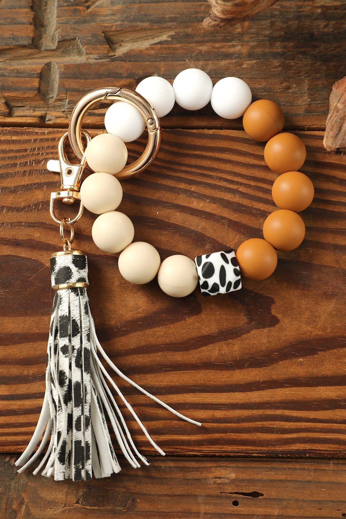 Multicolor Silicone Beads Bracelet Leopard Tassel Keyring