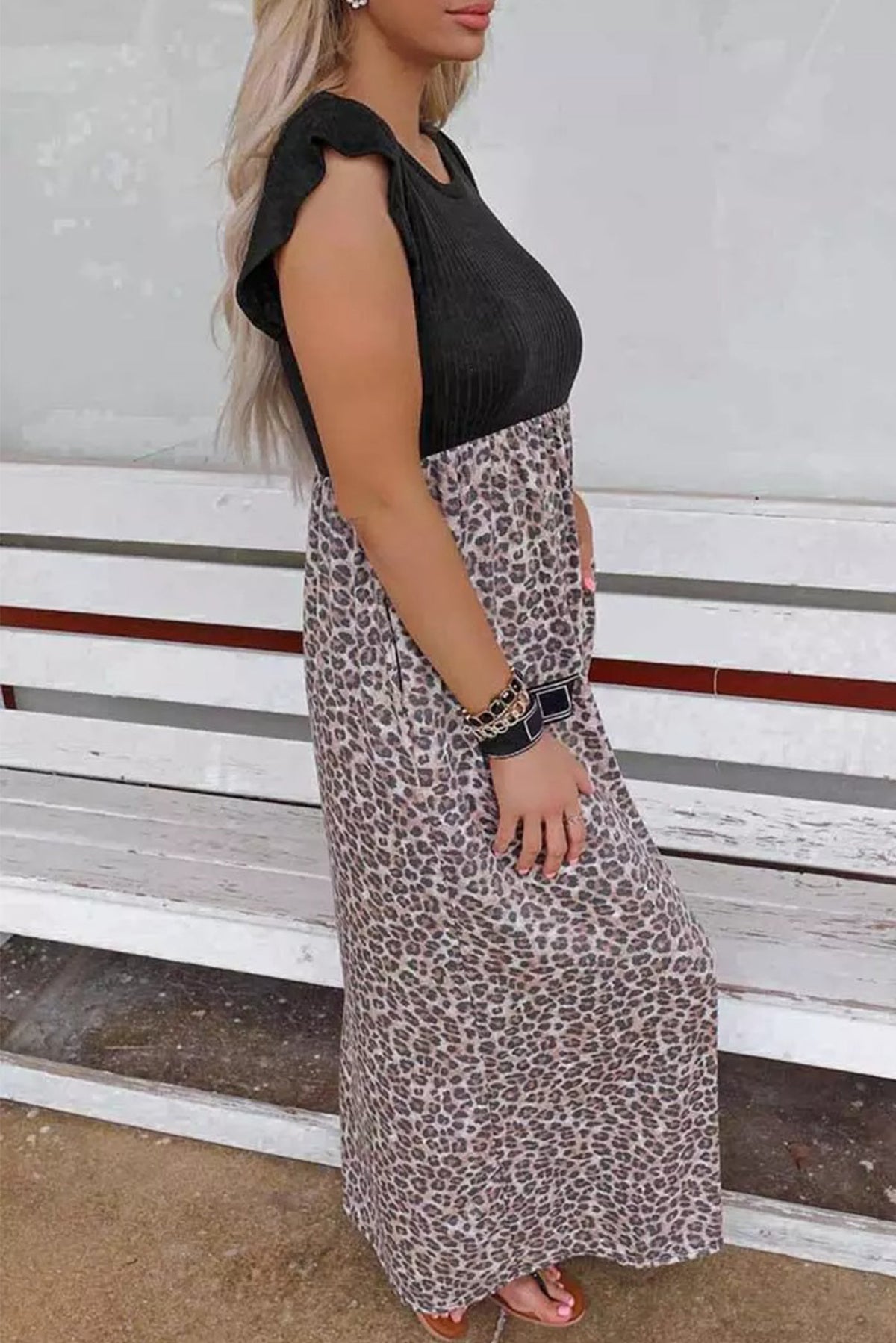 Black Leopard Patchwork Ribbed Maxi Dress With Pockets