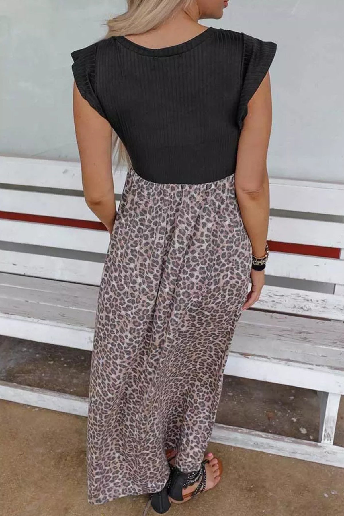 Black Leopard Patchwork Ribbed Maxi Dress With Pockets