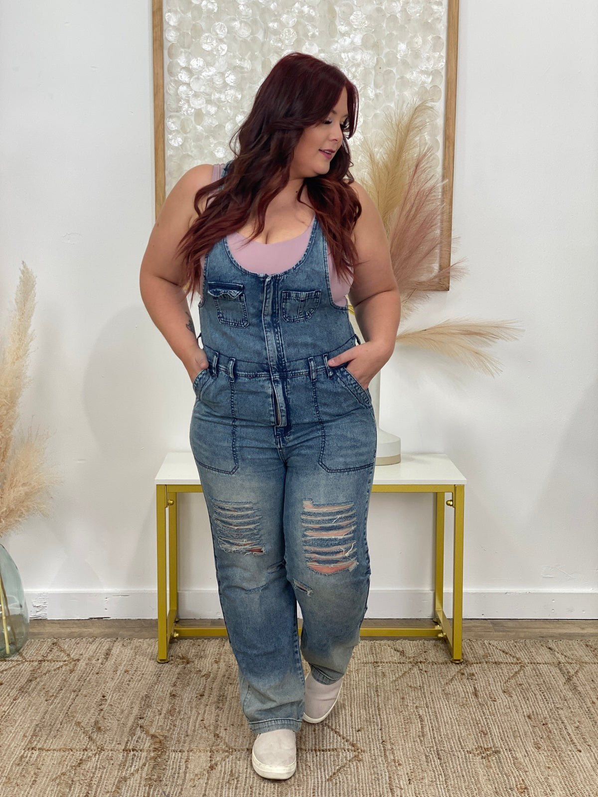 Easel Washed Distressed Denim Overalls/Jumpsuit