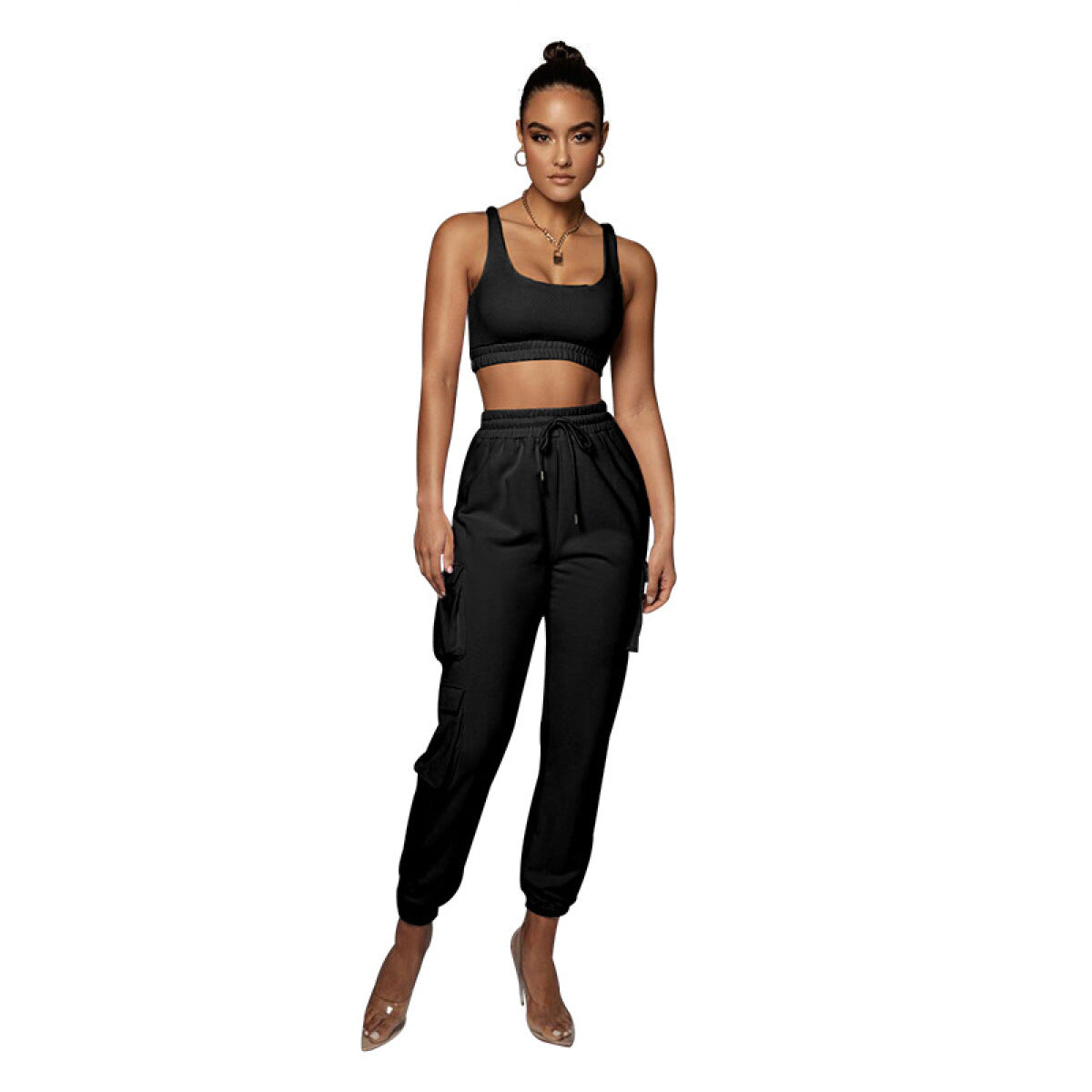 U-neck Bra & Drawstring Sweatpants Two-Piece Active Sets With Pocket