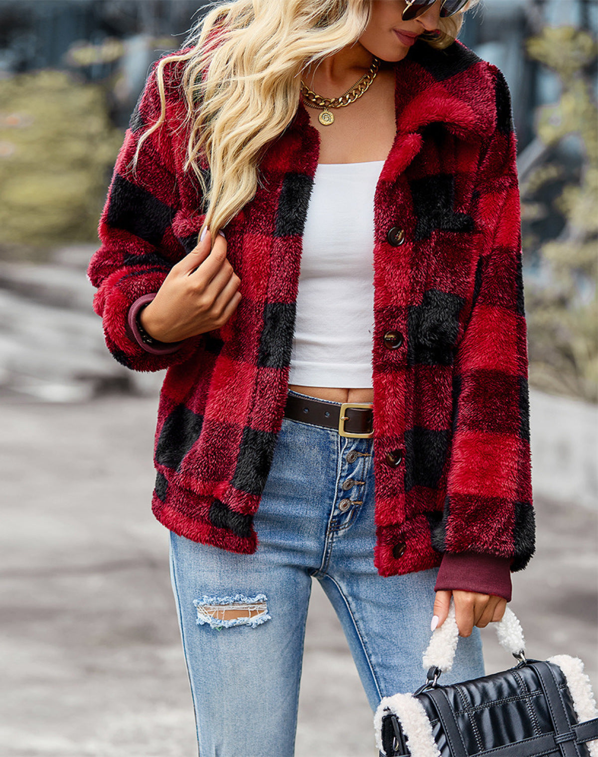 Plaid Lapel Single-Breasted Fleece Short Coat