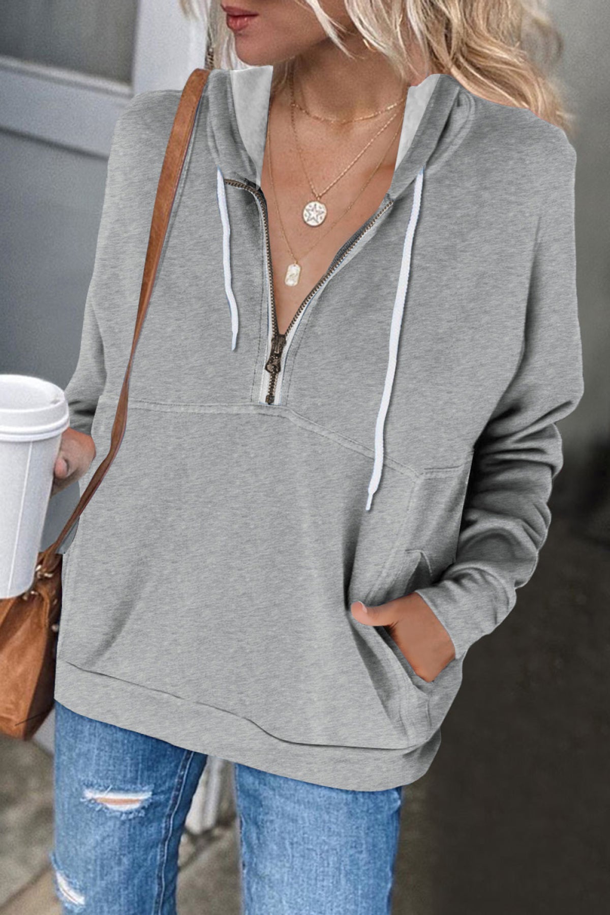 Half Zip Long Sleeve Hoodie With Pocket