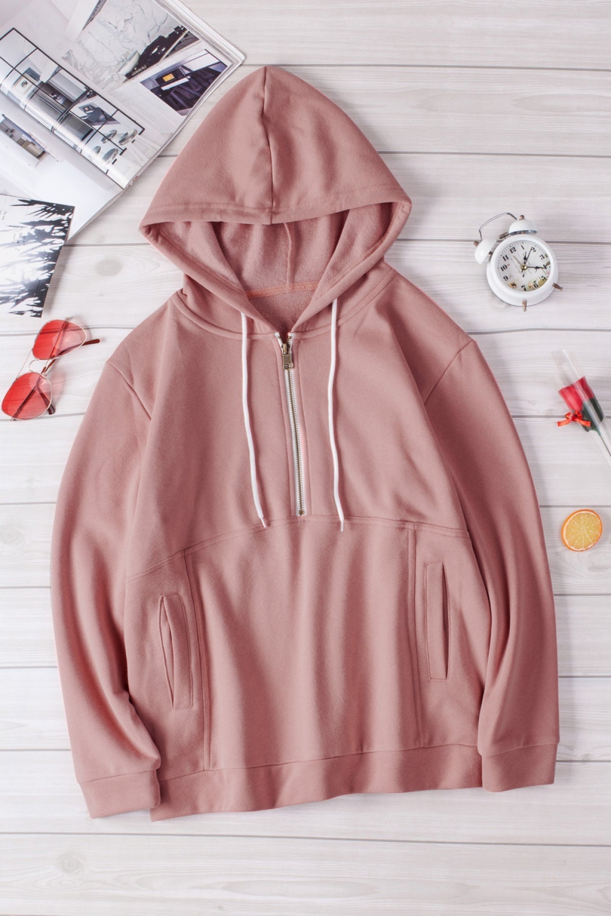 Half Zip Long Sleeve Hoodie With Pocket