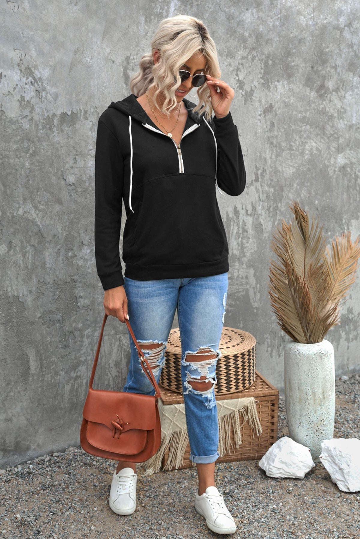 Half Zip Long Sleeve Hoodie With Pocket