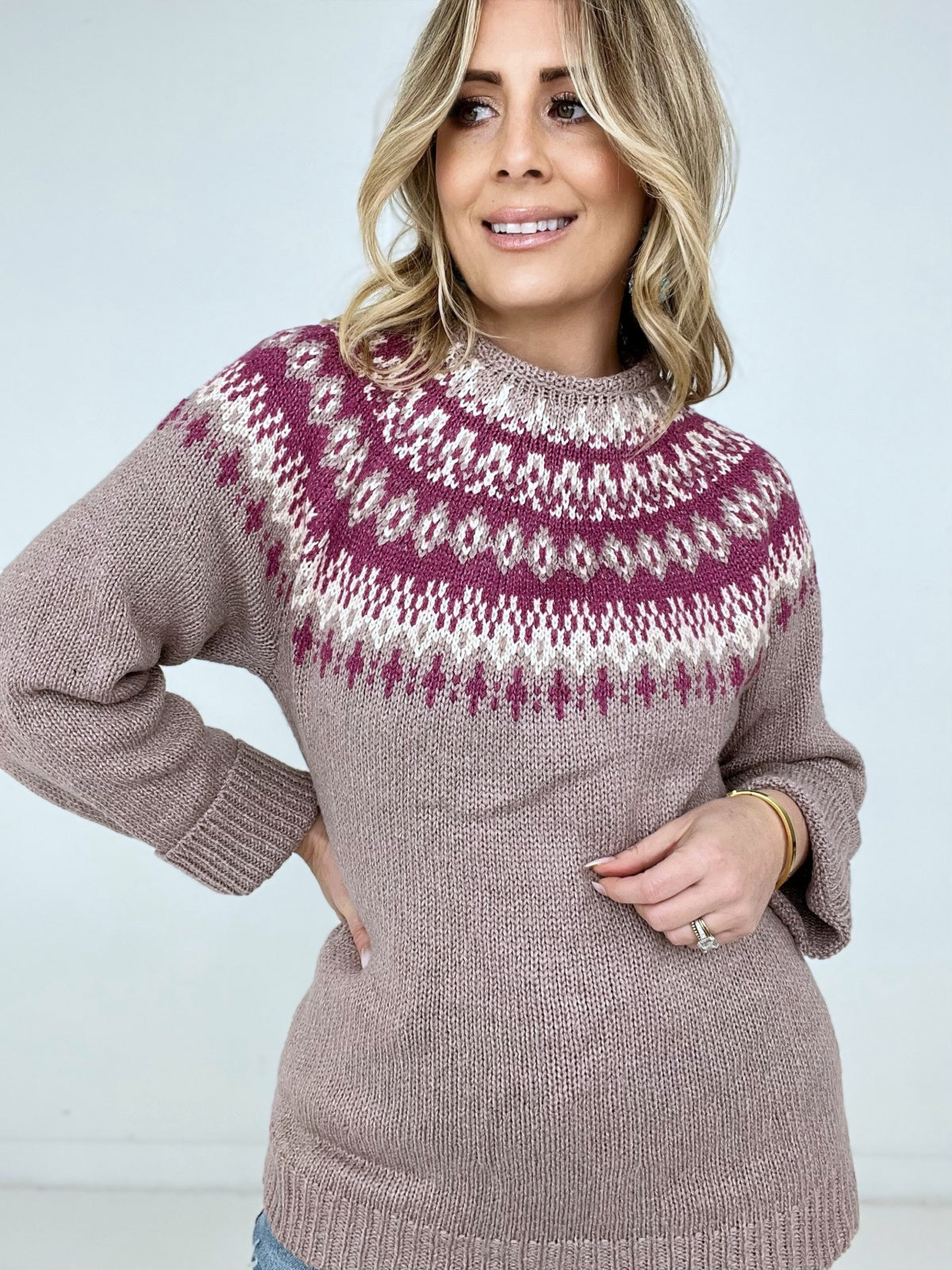 Easel "Nordic Mauve Mock Neck" Mock Neck Knit Side Slit Sweater