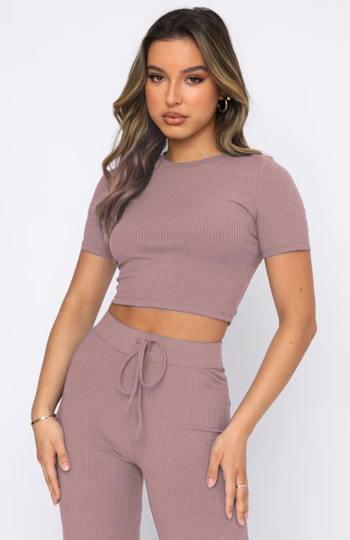 Casual High Elastic Short-Sleeved Top & Wide-Leg Pants Two-Piece Set