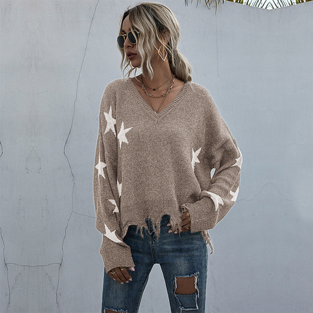 V-Neck Lantern Sleeve Star Fringe Hem Sweater