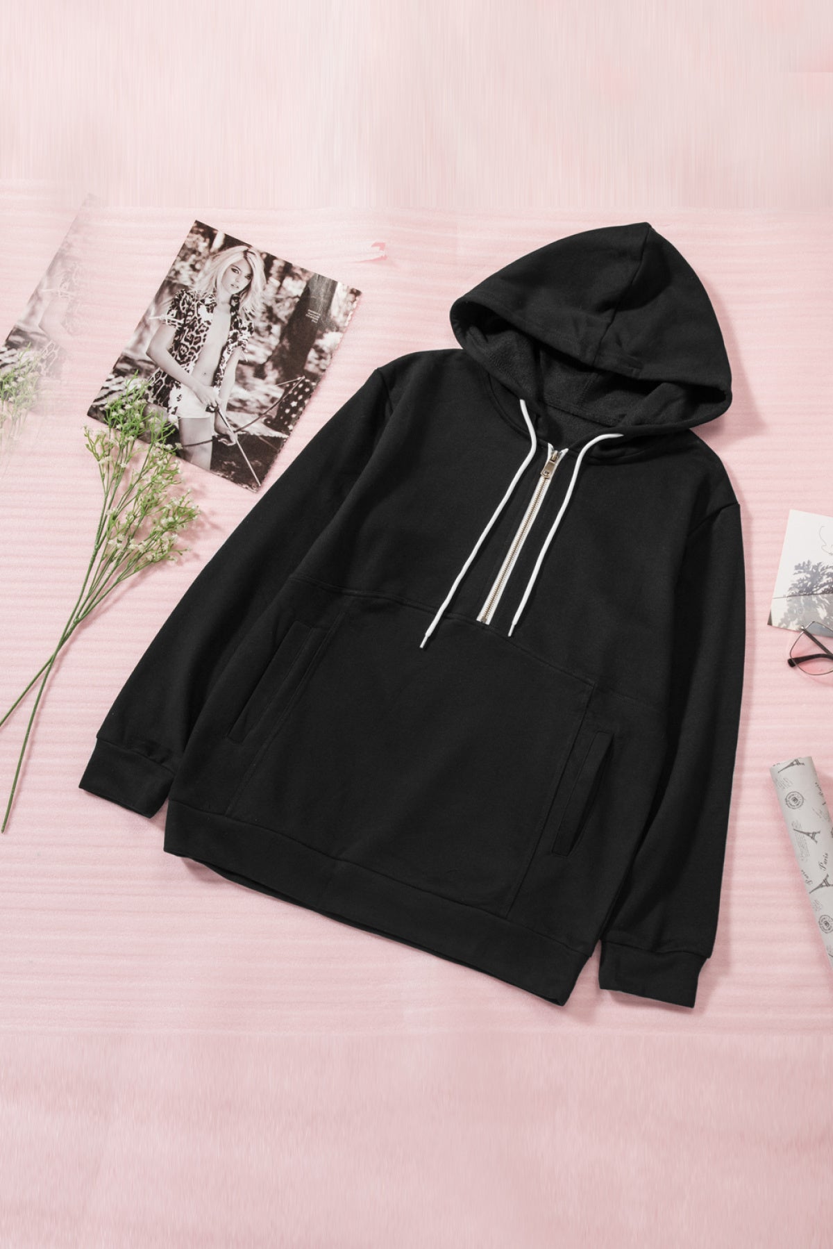 Half Zip Long Sleeve Hoodie With Pocket