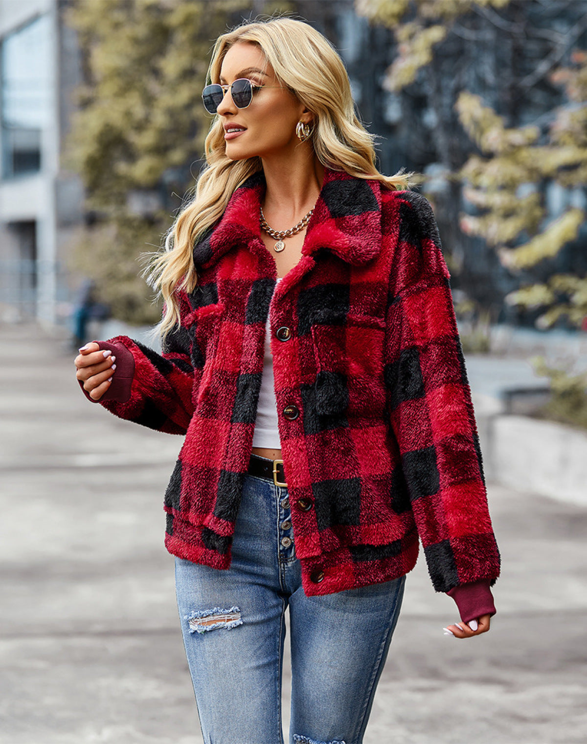 Plaid Lapel Single-Breasted Fleece Short Coat