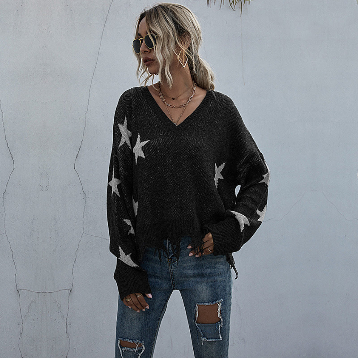 V-Neck Lantern Sleeve Star Fringe Hem Sweater