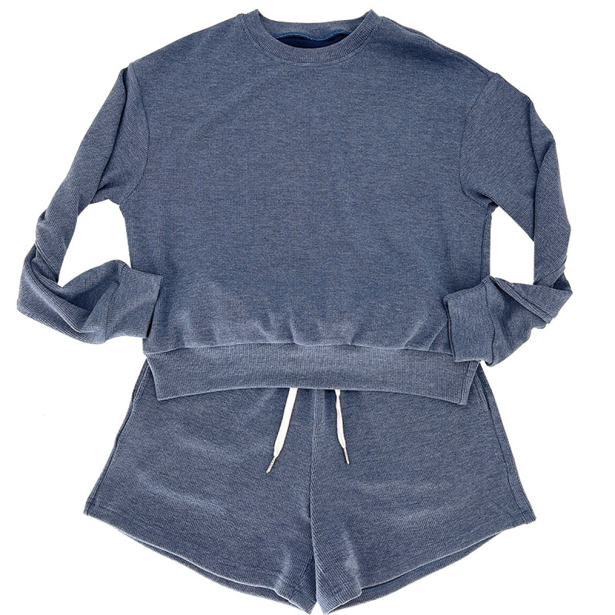 Crew Neck Pullover Long-Sleeved Sweatshirts & Tie Shorts Lounge Sets