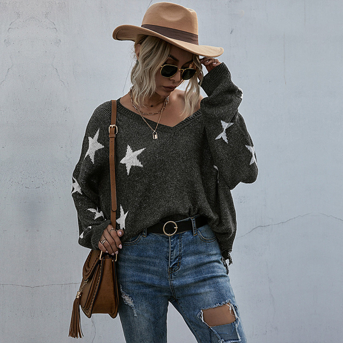 V-Neck Lantern Sleeve Star Fringe Hem Sweater