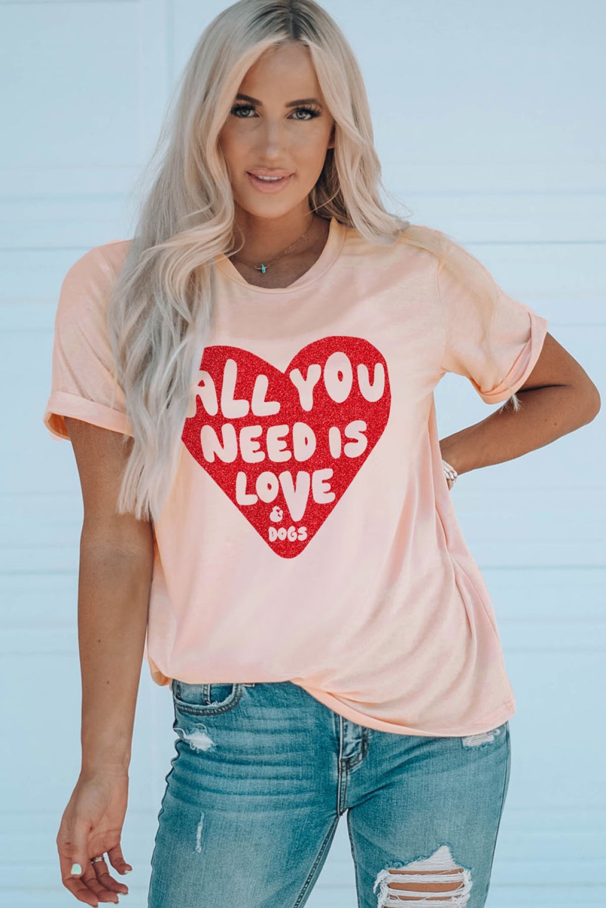 Pink All YOU NEED IS LOVE Heart Glitter Graphic T-Shirt