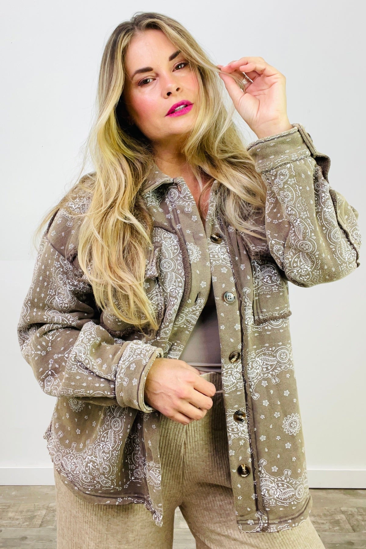 Easel Printed Button Down Shirt Jacket