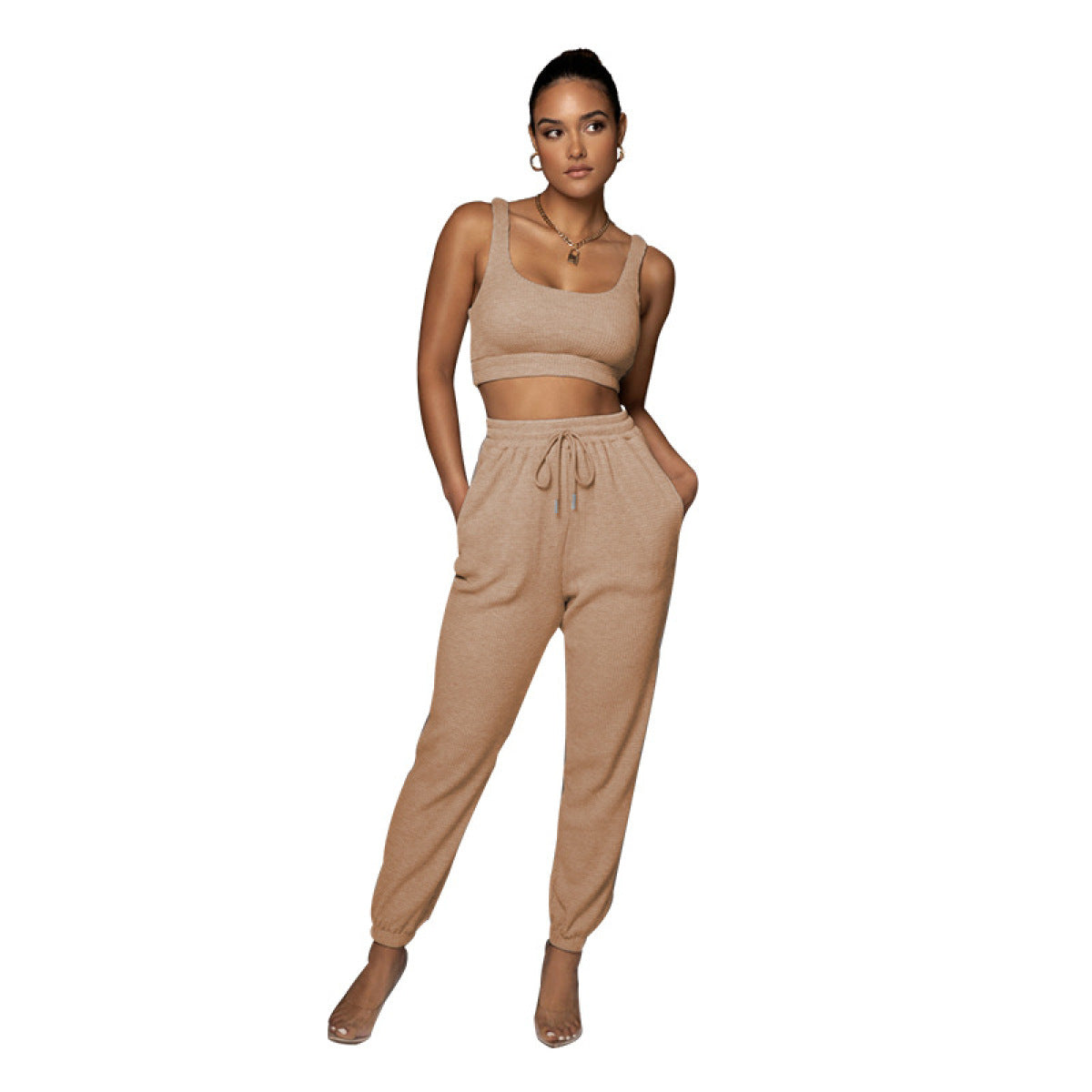 U-neck Bra & Drawstring Sweatpants Two-Piece Active Sets