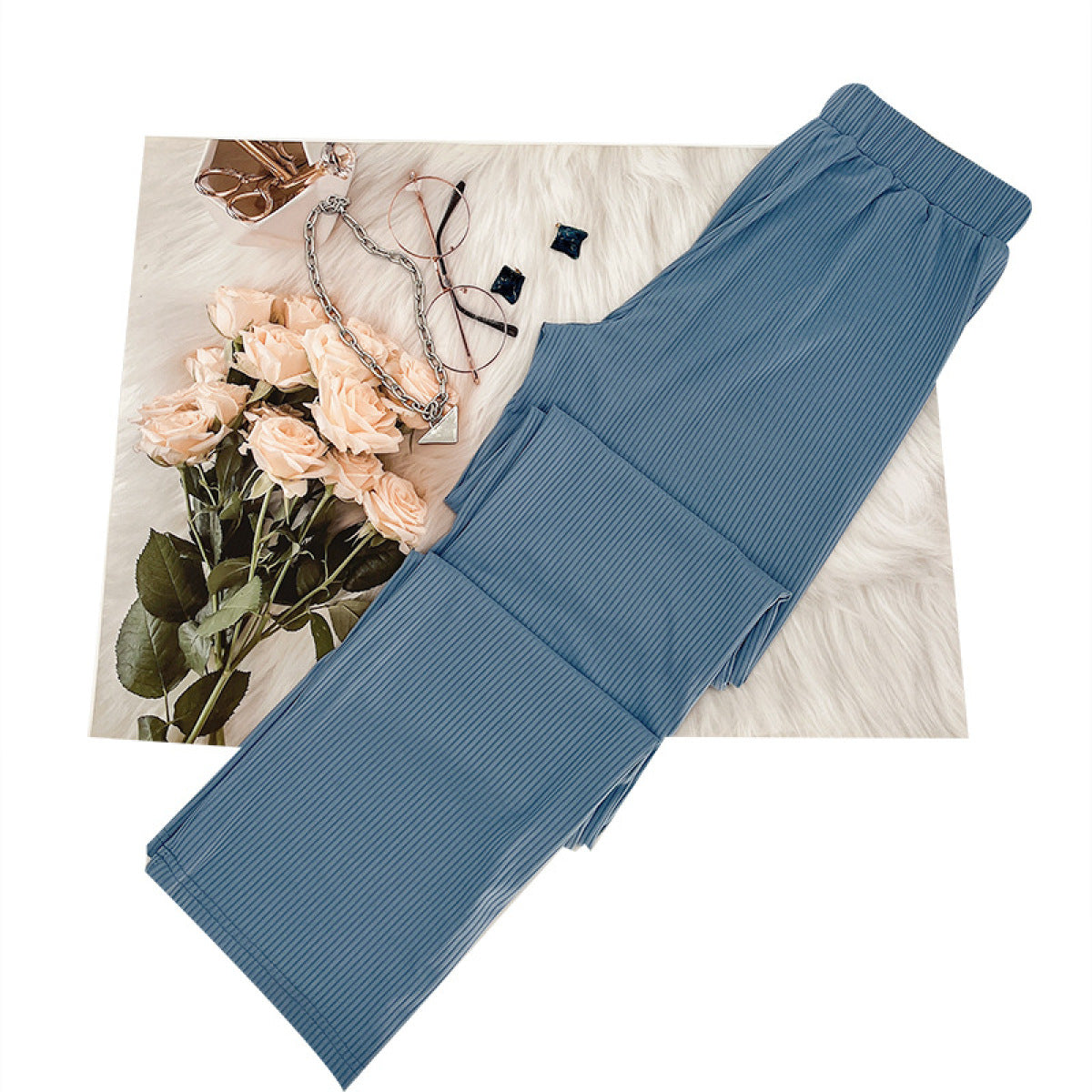Casual High Elastic Short-Sleeved Top & Wide-Leg Pants Two-Piece Set