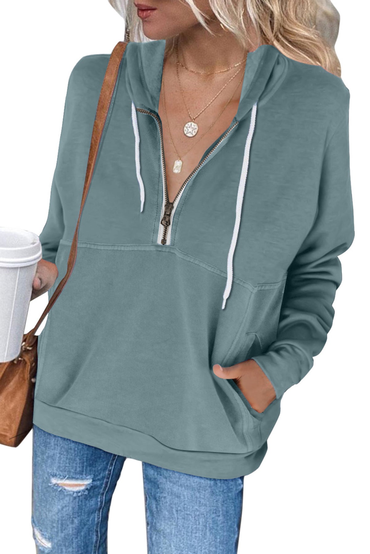 Half Zip Long Sleeve Hoodie With Pocket