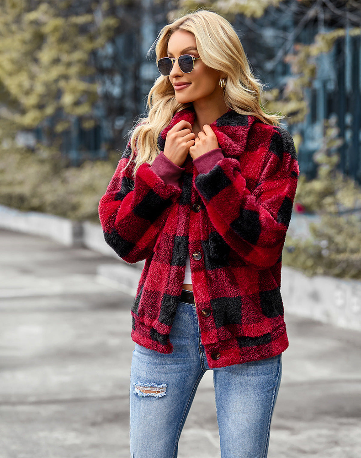 Plaid Lapel Single-Breasted Fleece Short Coat