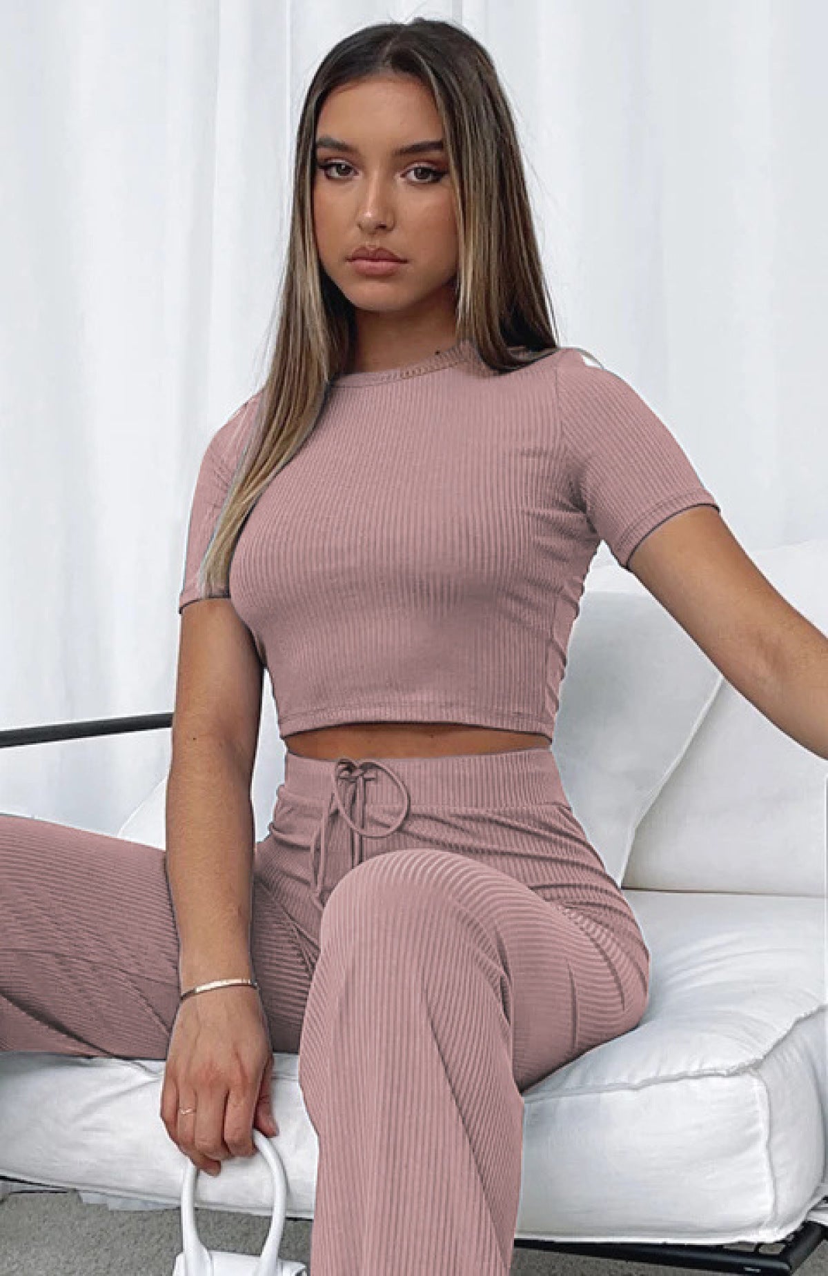 Casual High Elastic Short-Sleeved Top & Wide-Leg Pants Two-Piece Set