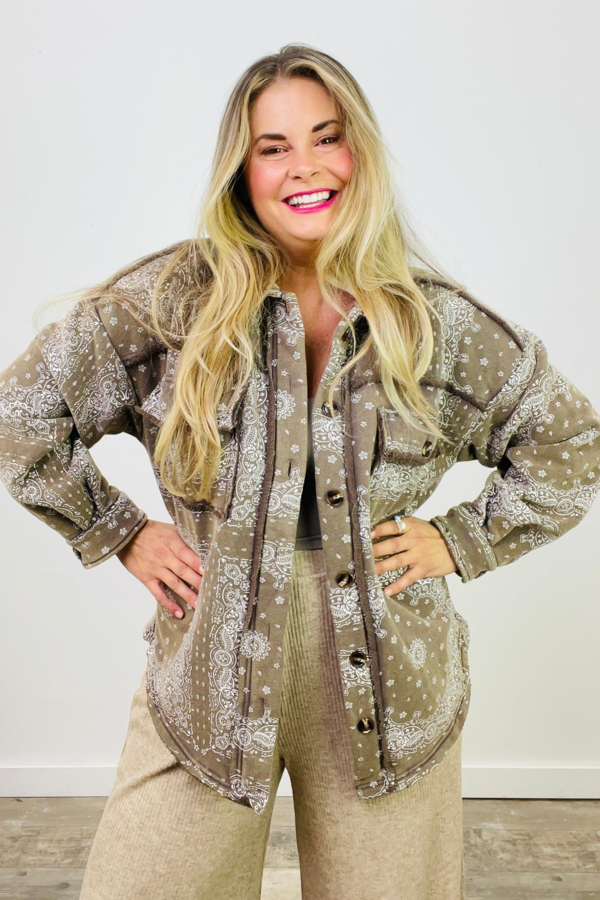 Easel Printed Button Down Shirt Jacket
