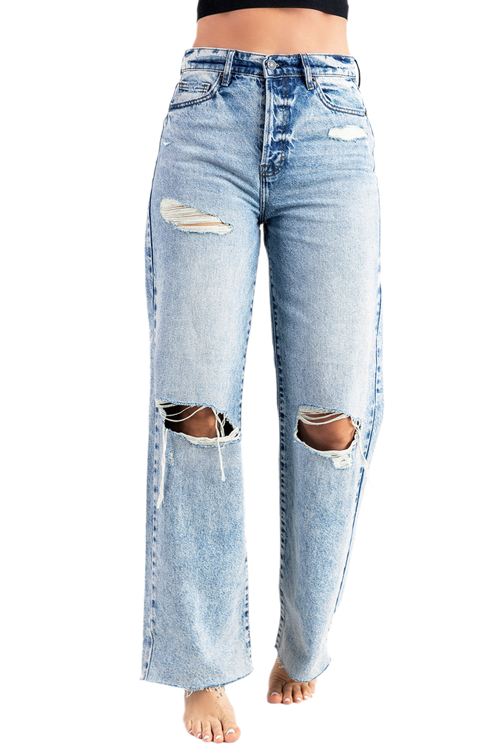 Sky Blue Distressed Hollow-Out Knees Wide Leg Jeans